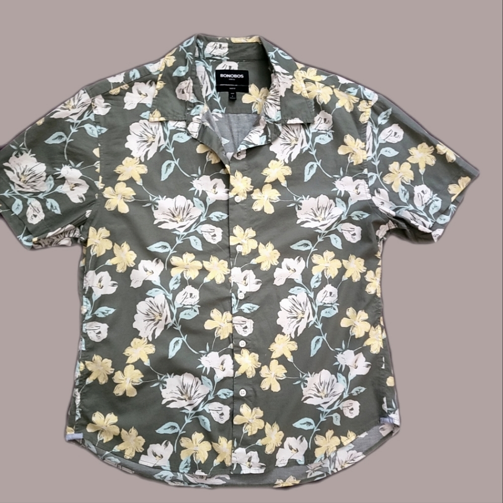 Stretch, slim fit, short sleeve, moss/floral cotton button down by Bonobos - Picture 3 of 4